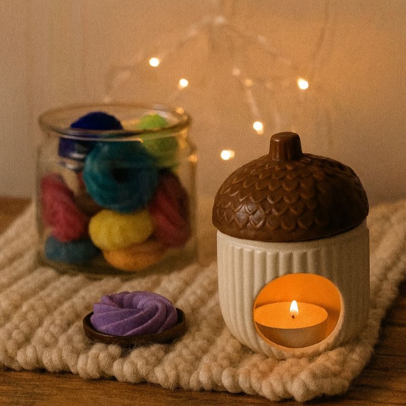 Fondant Parfumé Spirale Mûre Sauvage, un fondant parfumé est posé à côté du brûleur en forme de noisette et allumé. Ambiance cosy.