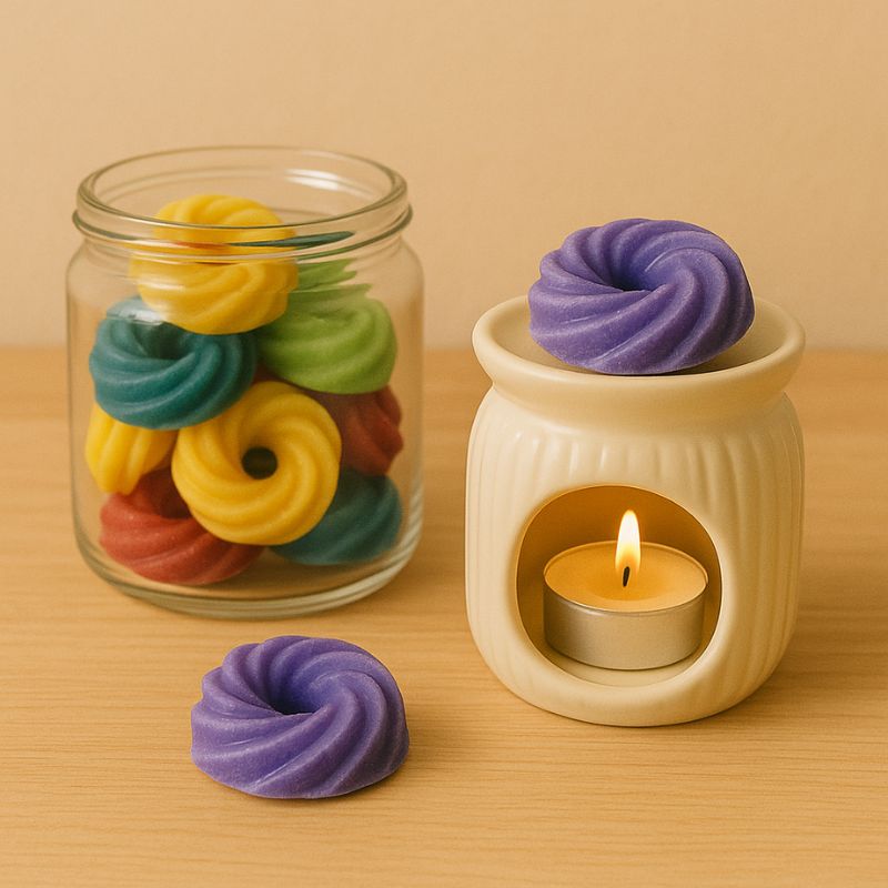 Fondant Parfumé Spirale Mûre Sauvage, le fondant est dans un brûleur et on peut voir dans un contenant transparent d'autres fondants parfumés posés sur une table en bois.