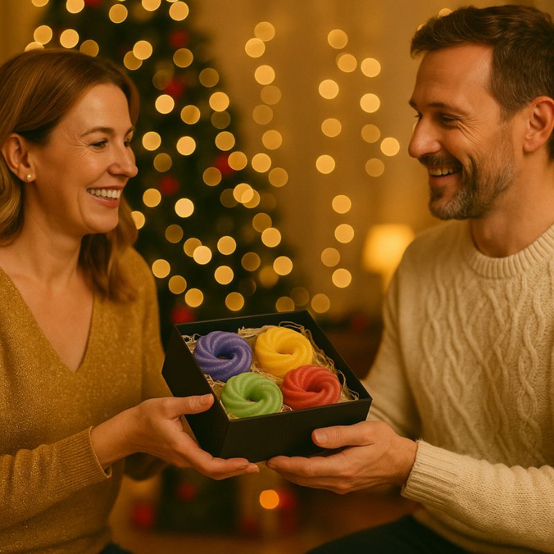 Fondant Parfumé Spirale Mûre Sauvage, deux personnes s'offrent un coffret de fondants parfumés pour Noël.