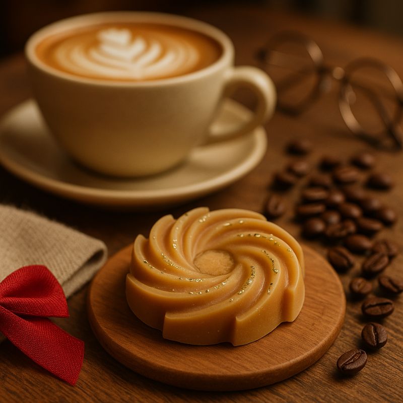 Fondant Parfumé Spirale Musc, disposé sur un plateau en bois à côté d'une tasse de café.