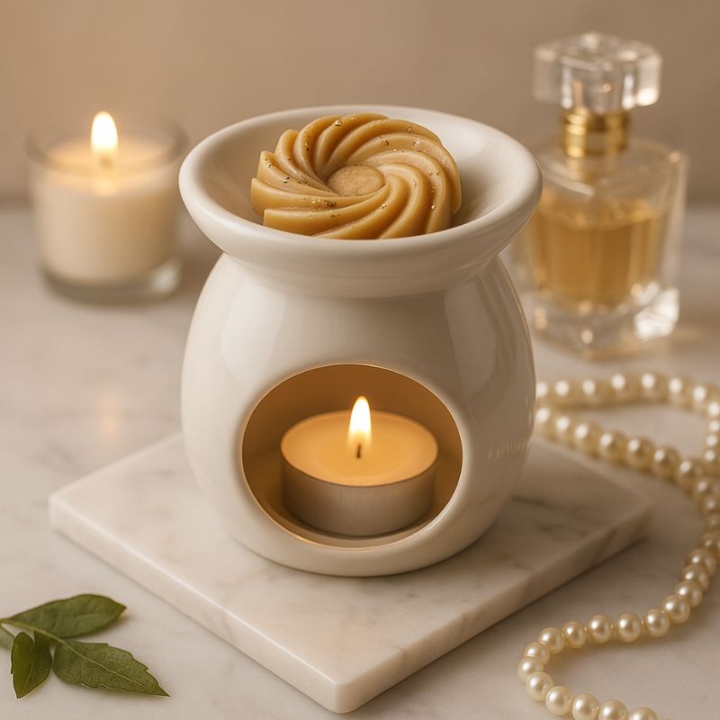 Fondant Parfumé Spirale Musc, disposé dans un brule parfum blanc et allumé. Ambiance chic.
