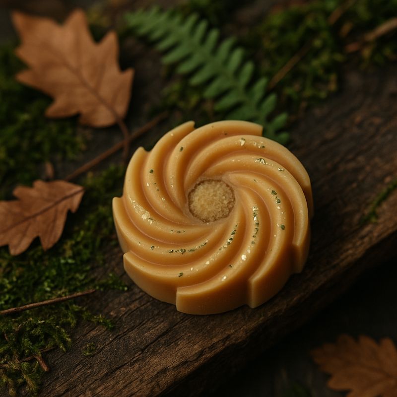 Fondant Parfumé Spirale Musc, disposé sur planche dans une ambiance végétale.