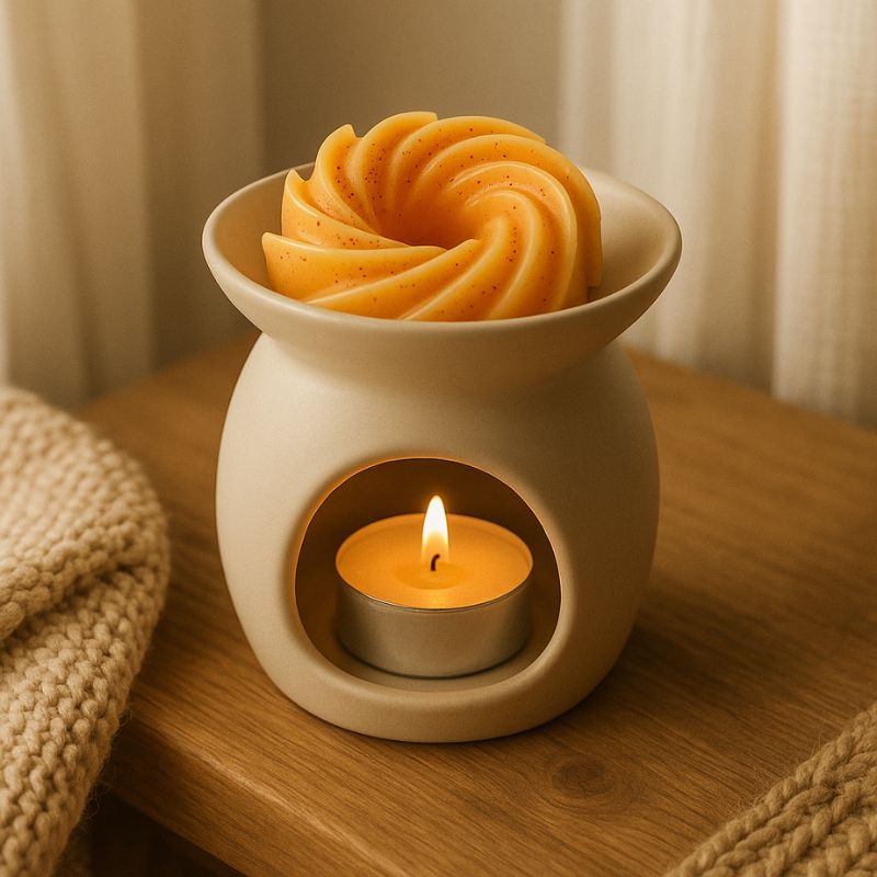 Fondant Parfumé Spirale Pacific Sunrise, un fondant est dans un brûleur qui est allumé et posé sur une table.