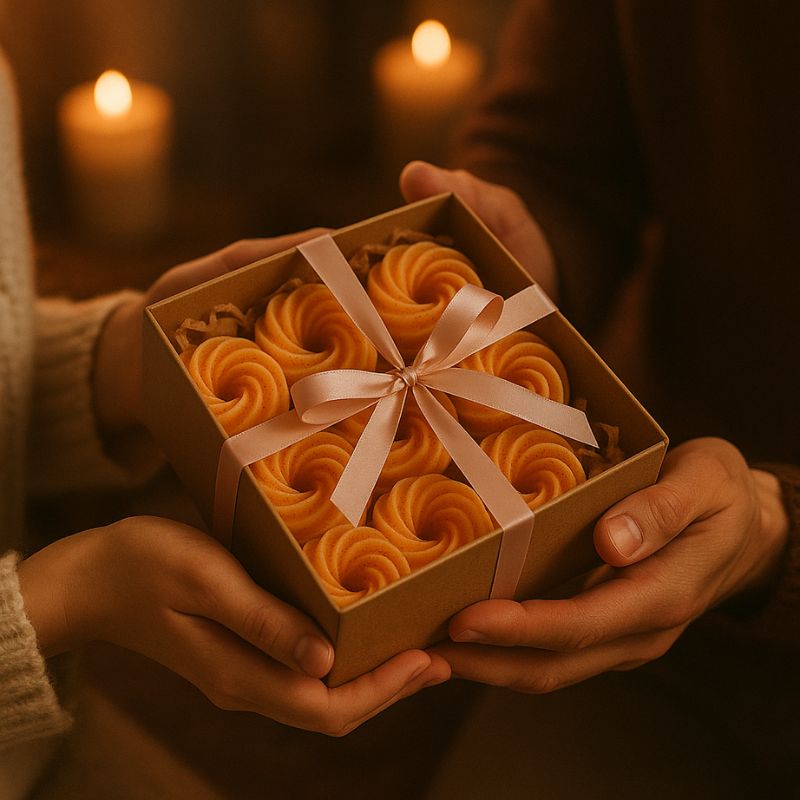 Fondant Parfumé Spirale Pacific Sunrise, plusieurs fondants sont dans un coffret cadeau et deux personnes le tiennent.