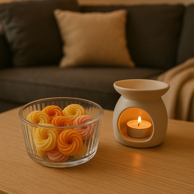 Fondant Parfumé Spirale Pacific Sunrise, des fondants sont dans une coupelle en verre et il y a un brûleur à côté posé sur une table en bois.