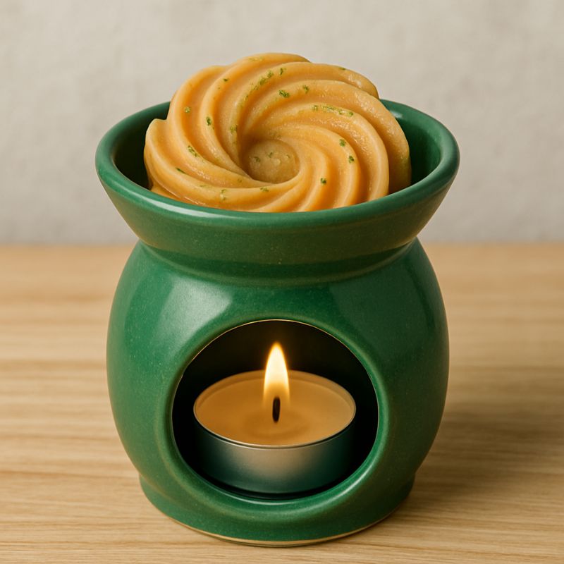 Fondant Parfumé Spirale Pain d'Épices, disposé dans un brûleur vert et allumé, posé sur une table en bois.