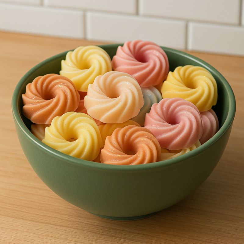 Fondant Parfumé Spirale Pain d'Épices, disposé dans un contenant avec plusieurs couleurs de fondant.