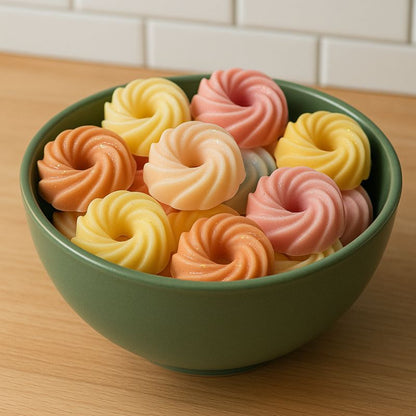 Fondant Parfumé Spirale Pain d'Épices, disposé dans un contenant avec plusieurs couleurs de fondant.