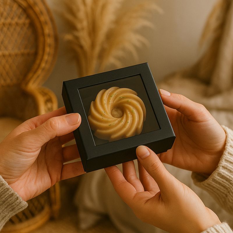 Fondant Parfumé Spirale Pain d'Épices, dans un coffret-cadeau noir et dans une ambiance bohème.