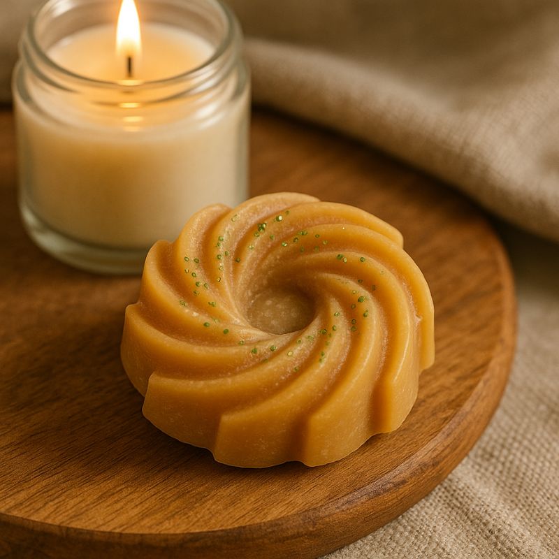 Fondant Parfumé Spirale Pain d'Épices, posé sur une table en bois et avec une bougie d'allumée à côté.