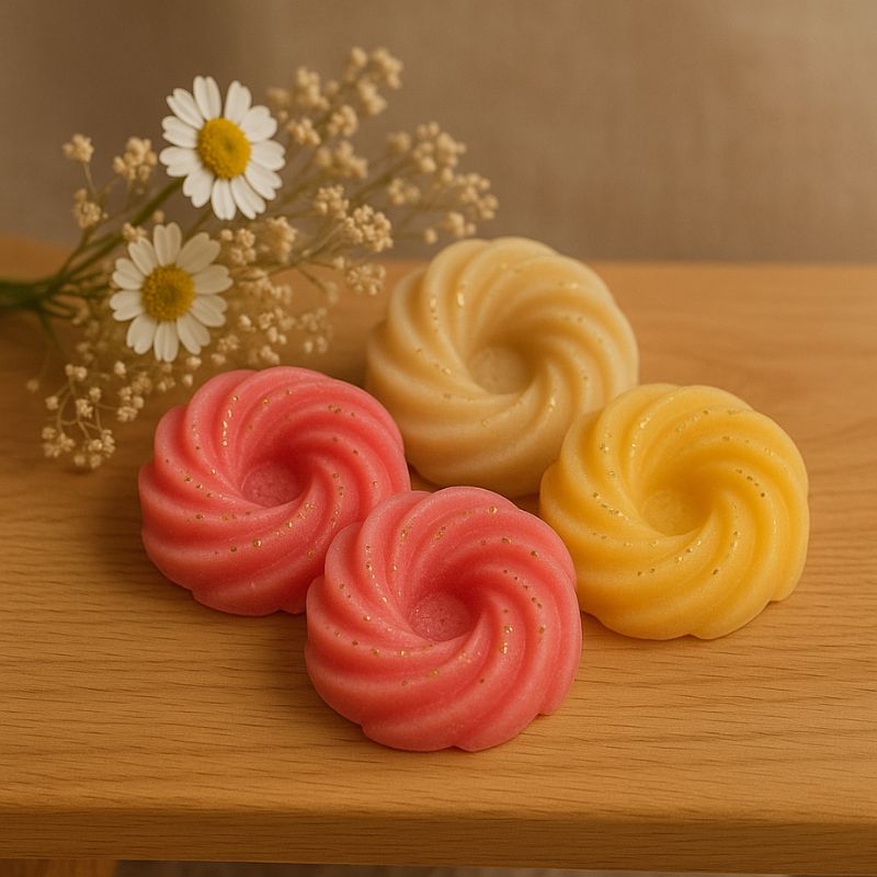 Fondant Parfumé Spirale Pomme d'Amour, en décoration avec plusieurs fondants parfumés, posés sur une table en bois.