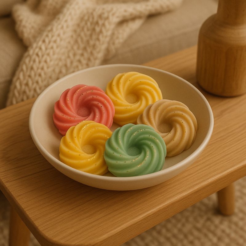 Fondant Parfumé Spirale Pomme d'Amour, dans une coupelle, il y a plusieurs couleurs de fondants parfumés et dans une ambiance scandinave.