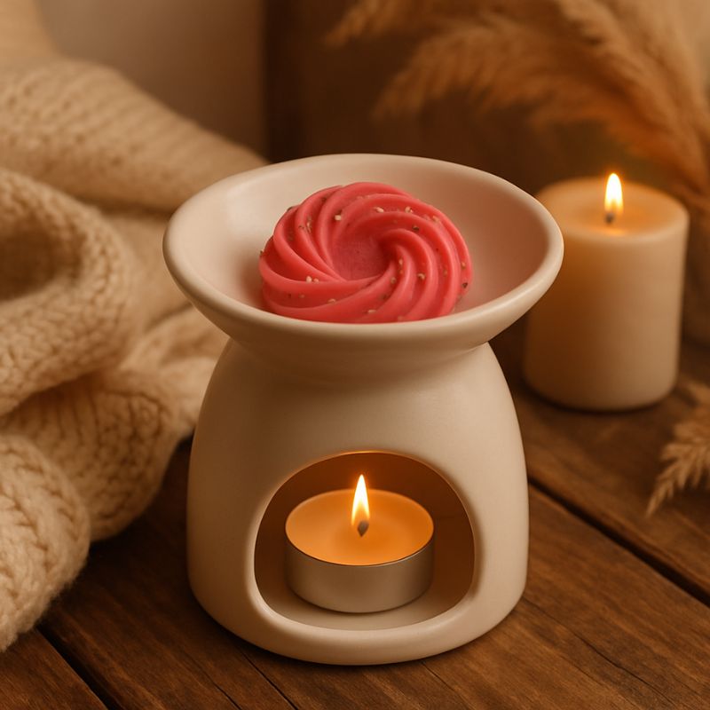 Fondant Parfumé Spirale Pomme d'Amour, mis dans un brûle parfum de couleur blanc et allumé dans une ambiance bohème.