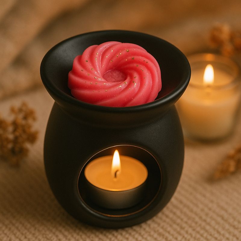 Fondant Parfumé Spirale Pomme d'Amour, mis dans un brûleur noir et allumé dans une ambiance zen.