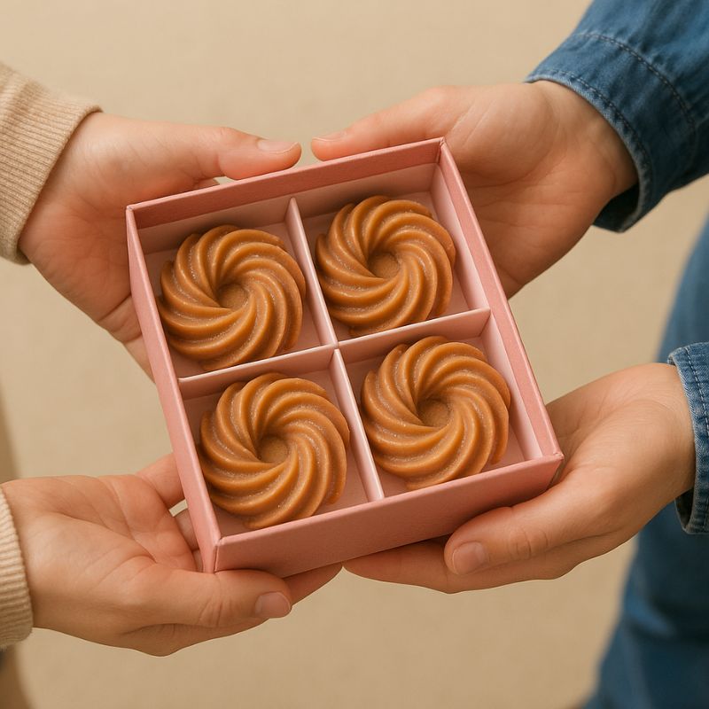 Fondant Parfumé Spirale Poudre de Cacao, présenté dans un coffret cadeau et des personnes tiennent ce coffre.