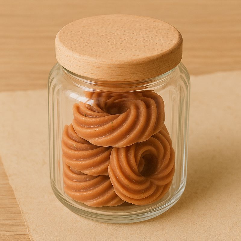 Fondant Parfumé Spirale Poudre de Cacao, présenté dans un contenant en verre et posé sur une table en bois.