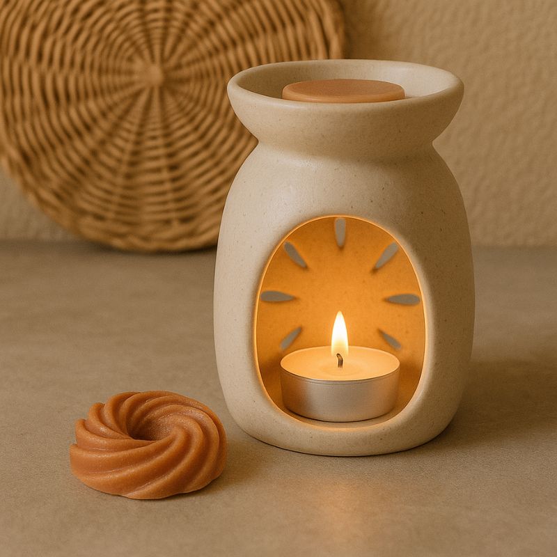 Fondant Parfumé Spirale Poudre de Cacao, disposé dans un brûle parfum et allumé, il y a un fondant parfumé posé à côté du brûleur et posé sur une table.