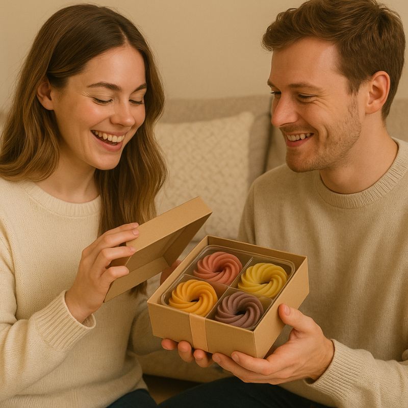 Fondant Parfumé Spirale Praliné Chocolat, les fondants parfumés sont dans un coffret cadeau qu'un homme offre à une femme.
