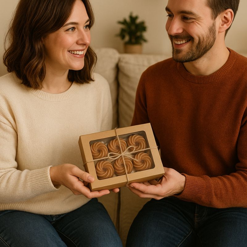 Fondant Parfumé Spirale Rocher Praliné, deux personnes assis sur un canapé, s'offrent une boîte-cadeau de fondant parfumé.