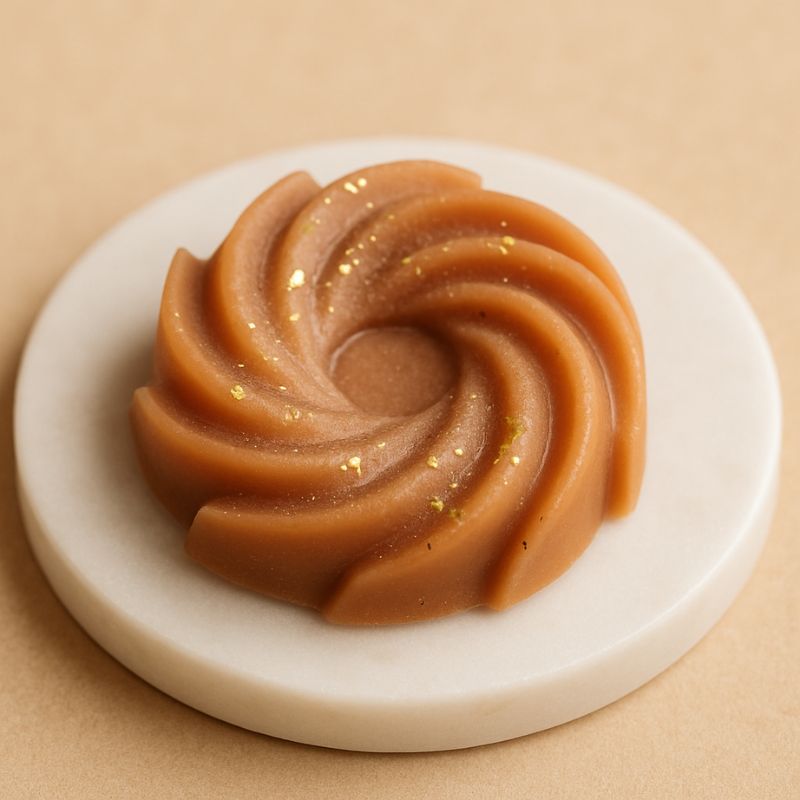 Fondant Parfumé Spirale Rocher Praliné, il est posé sur une coupe en céramique blanche et sur fond beige.