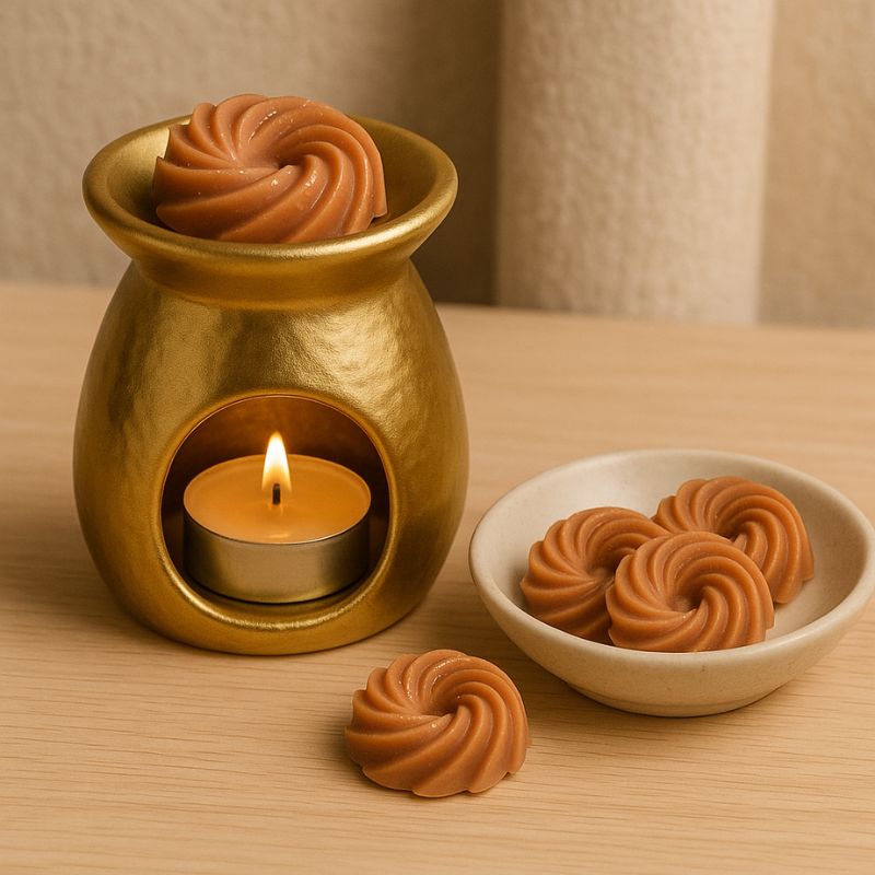 Fondant Parfumé Spirale Rocher Praliné, un brûleur est posé sur une table en bois avec du fondant parfumé à l'intérieur et aussi posé à côté.
