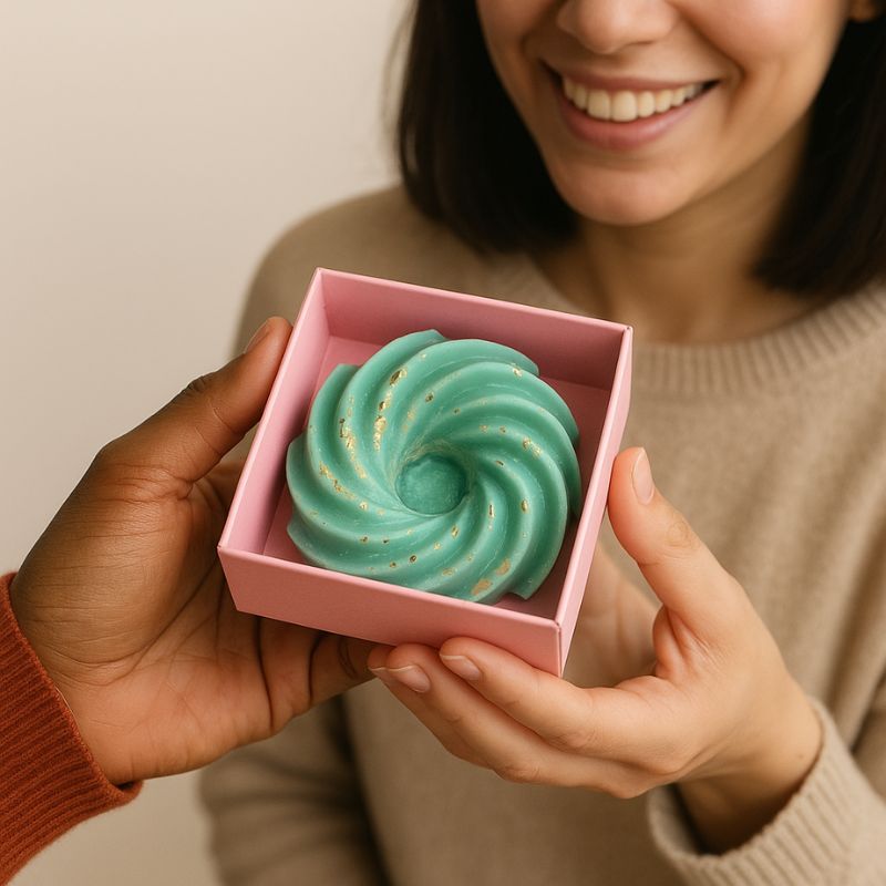Fondant Parfumé Spirale Sapin de Noël, présenté dans un coffret et deux personnes se l'offrent.