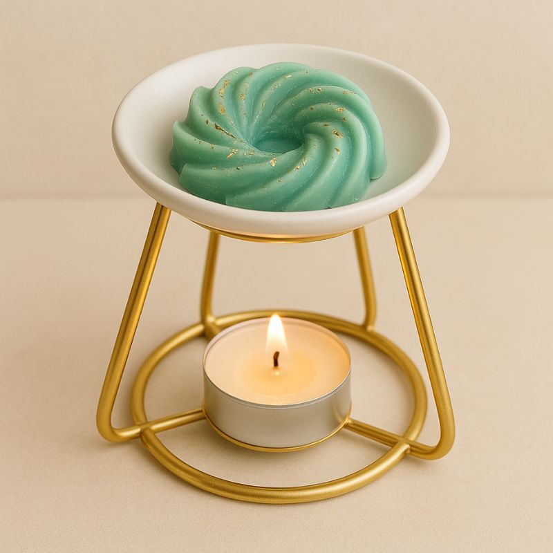 Fondant Parfumé Spirale Sapin de Noël, disposé dans un brûleur doré et allumé avec une bougie chauffe-plat. Sur fond beige