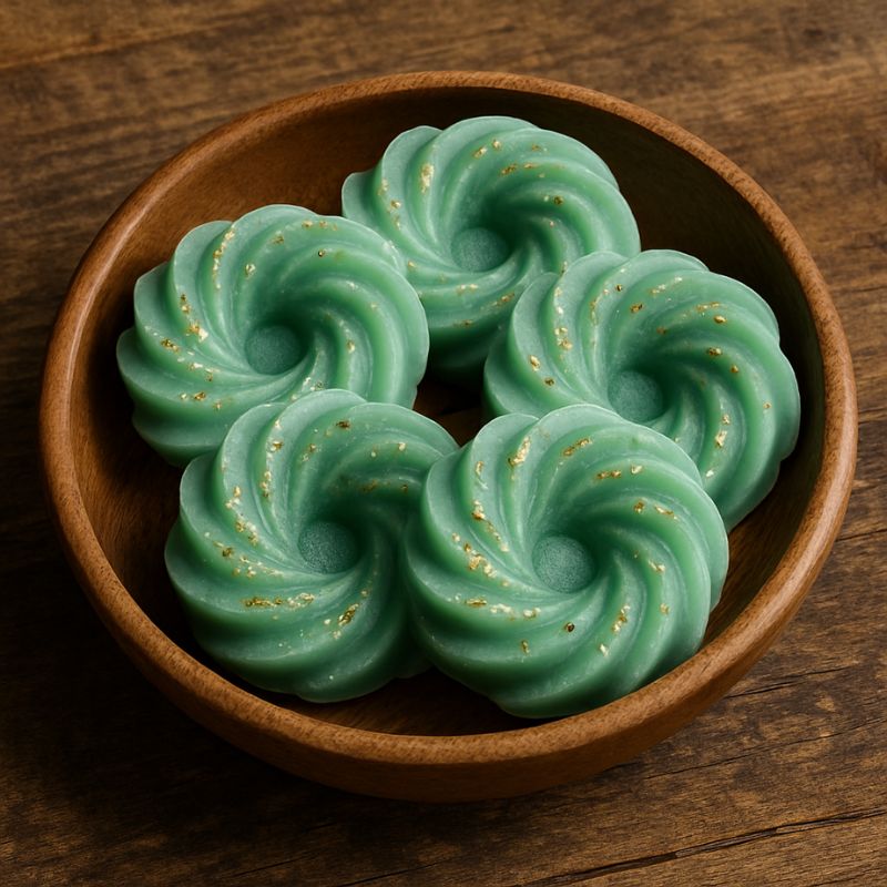 Fondant Parfumé Spirale Sapin de Noël, disposé dans une coupe en bois et posé sur une table.