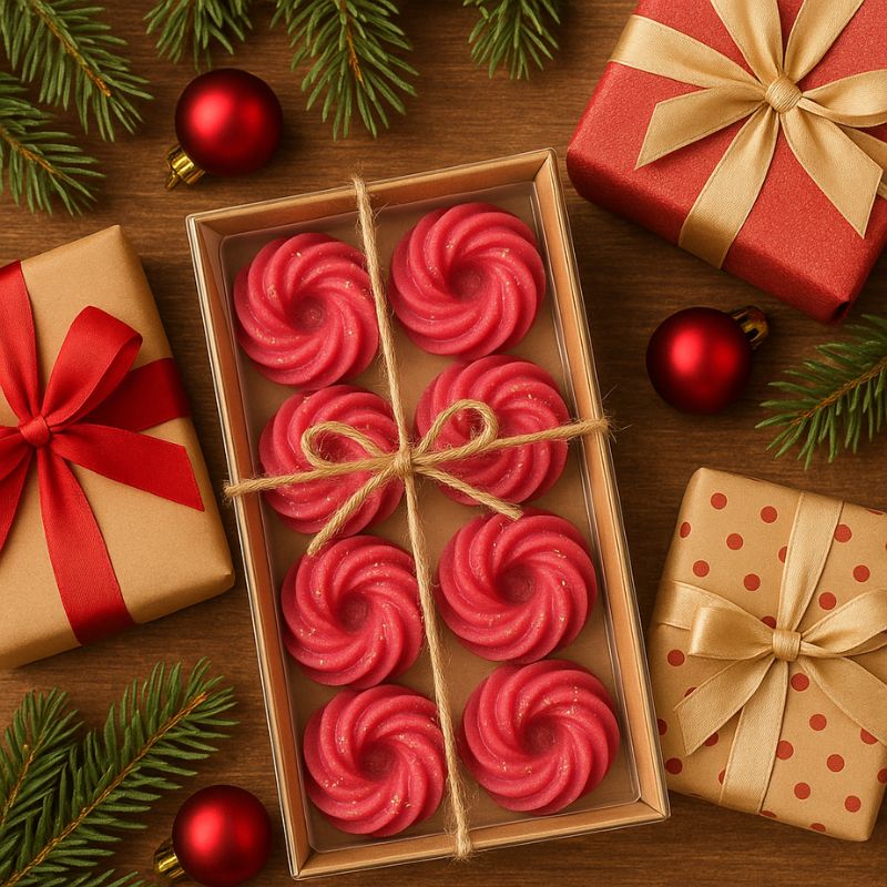 Fondant Parfumé Spirale Sucre d'Orge, présenté dans un coffret-cadeau et dans une ambiance festive.