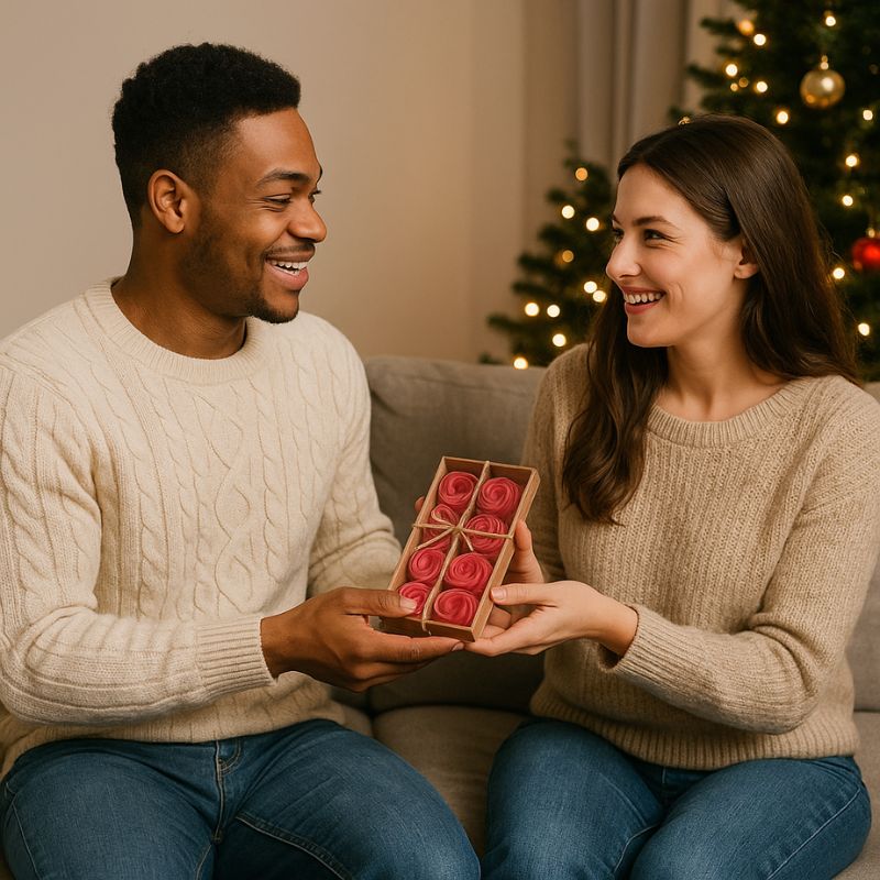 Fondant Parfumé Spirale Sucre d'Orge, deux personnes sont en train de s'offrir une boîte de fondant parfumé.