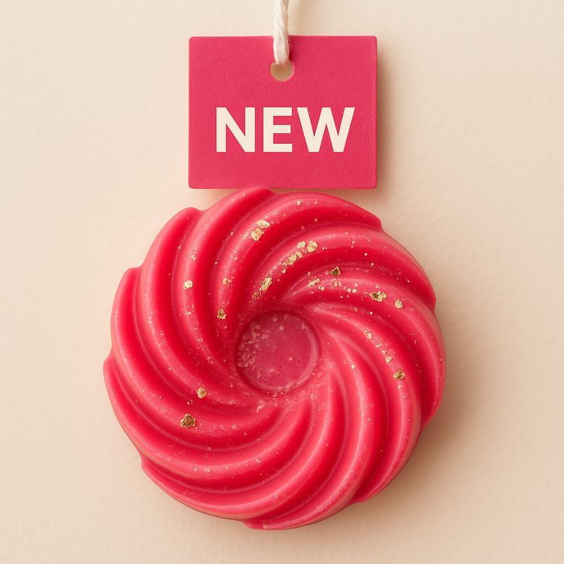 Fondant Parfumé Spirale Sucre d'Orge, de couleur rose gourmand et sur fond beige.