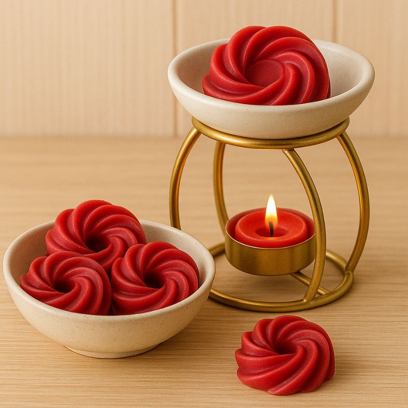 Fondant Parfumé Spirale Thé Chaï Latte, posé sur une table en bois, le fondant est dans la coupelle du brûleur mais aussi disposé sur la table.