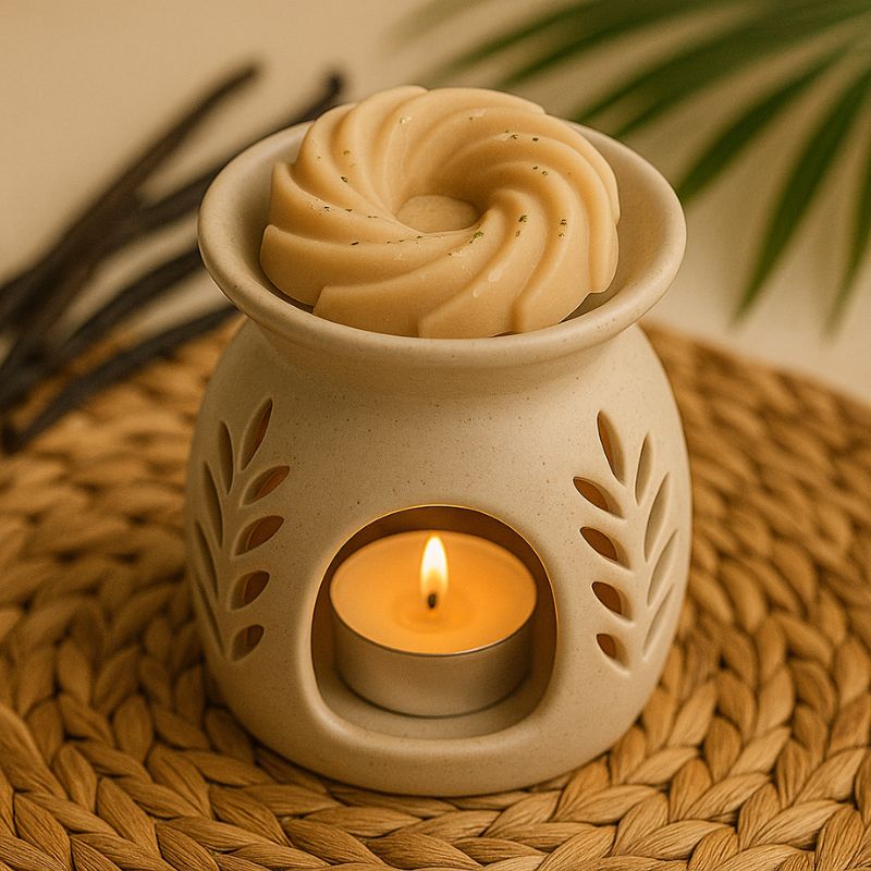 Fondant Parfumé Spirale Vanille, disposé dans un brûleur allumé et dans une ambiance bohème.