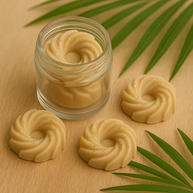 Fondant Parfumé Spirale Vanille, disposé sur une table en bois dans une ambiance exotique.