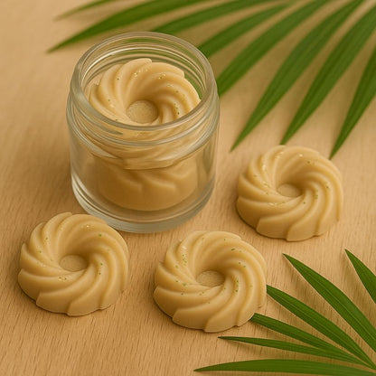 Fondant Parfumé Spirale Vanille, disposé sur une table en bois dans une ambiance exotique.