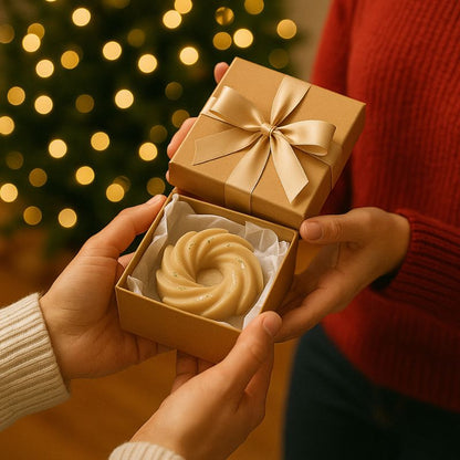 Fondant Parfumé Spirale Vanille, avec sa boite-cadeau et son ruban. Ambiance festive de Noël.