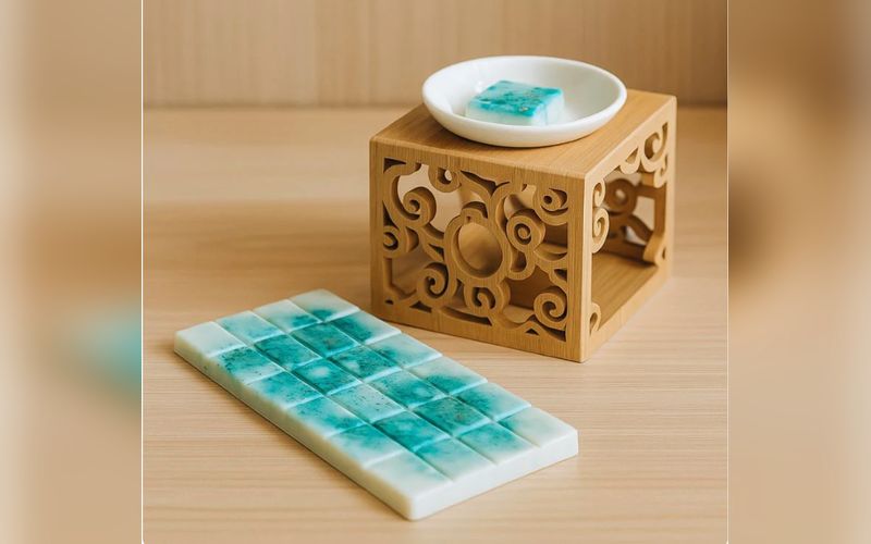 Fondant Parfumé Tablette, au parfum chanvre et en forme de tablette de chocolat, avec un brule parfum à côté et posé sur une table en bois.