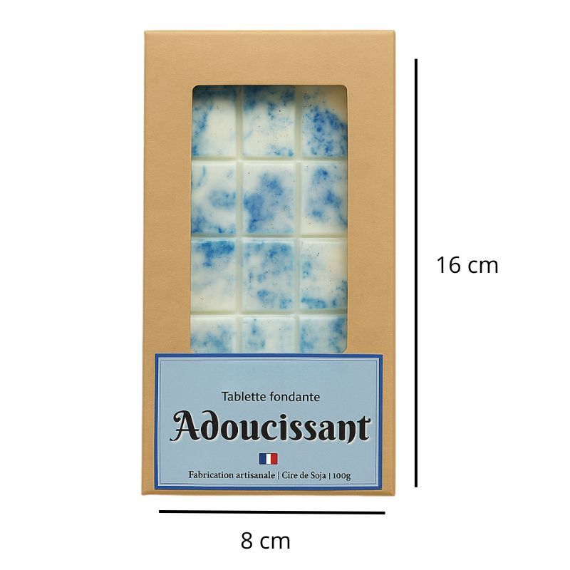 Fondant Parfumé Tablette Adoucissant, avec ses dimensions et sur fond blanc.