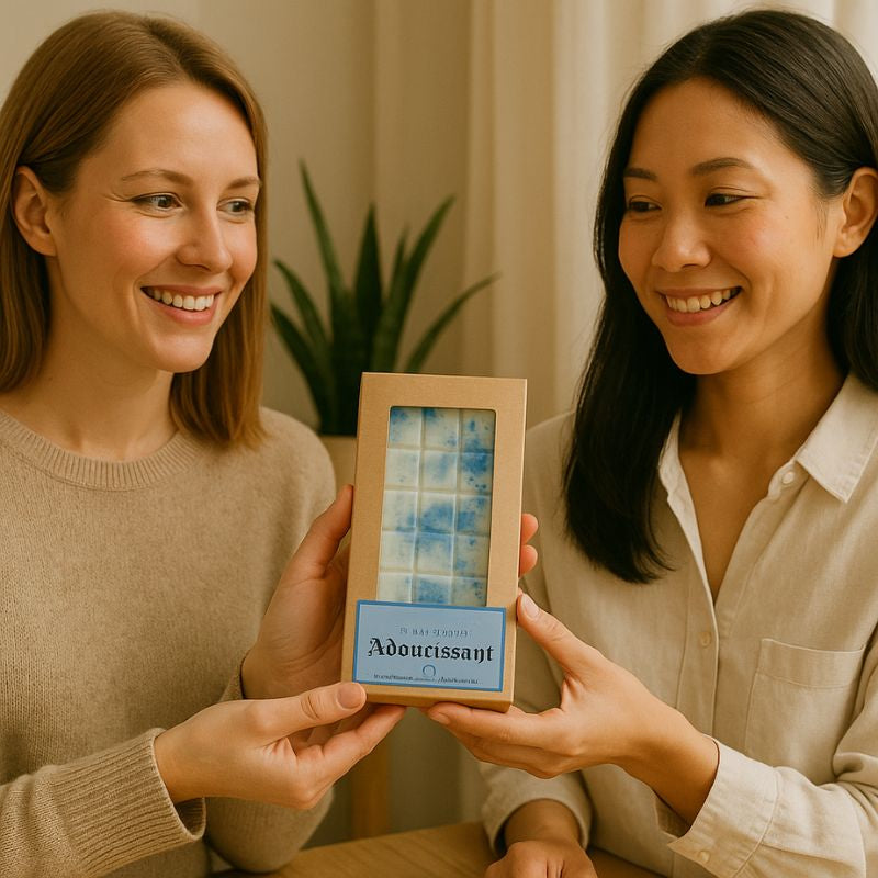 Fondant Parfumé Tablette Adoucissant, avec deux personnes qui sont en train de s'offrir la tablette parfumée. Ambiance chaleureuse.
