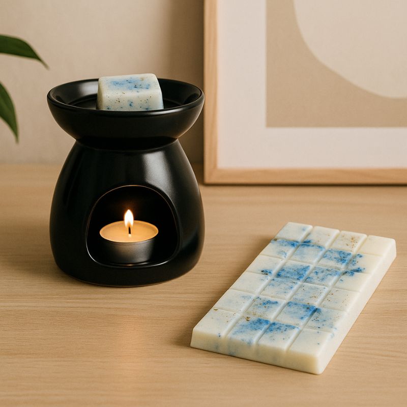 Fondant Parfumé Tablette Adoucissant, posée sur une table en bois et à côté d'un brûleur avec du fondant à l'intérieur. Ambiance zen.