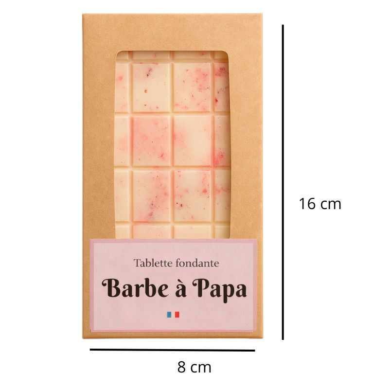 Fondant Parfumé Tablette Barbe à Papa, de couleur rose, avec ses dimensions et sur fond blanc.