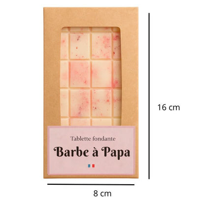 Fondant Parfumé Tablette Barbe à Papa, de couleur rose, avec ses dimensions et sur fond blanc.