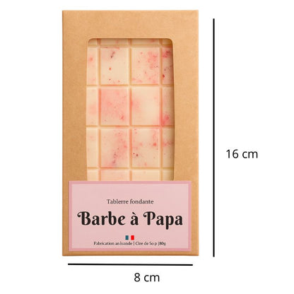Fondant Parfumé Tablette Barbe à Papa, de couleur rose, avec ses dimensions et sur fond blanc.