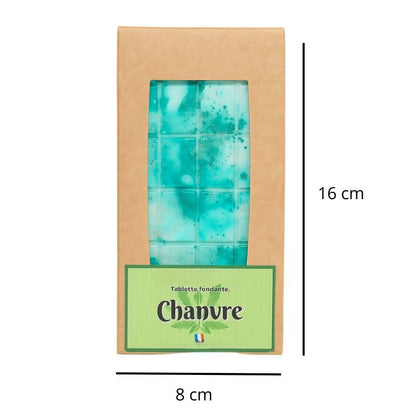 Fondant Parfumé Tablette Chanvre, avec ses dimensions et sur fond blanc.