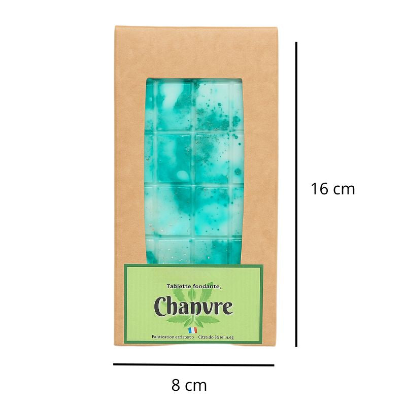 Fondant Parfumé Tablette Chanvre, avec ses dimensions et sur fond blanc.