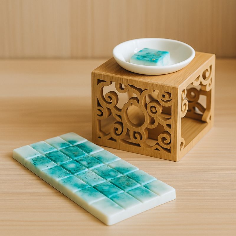 Fondant Parfumé Tablette Chanvre, disposée dans un brûleur en bois et une autre tablette est disposée à côté sur une table en bois.