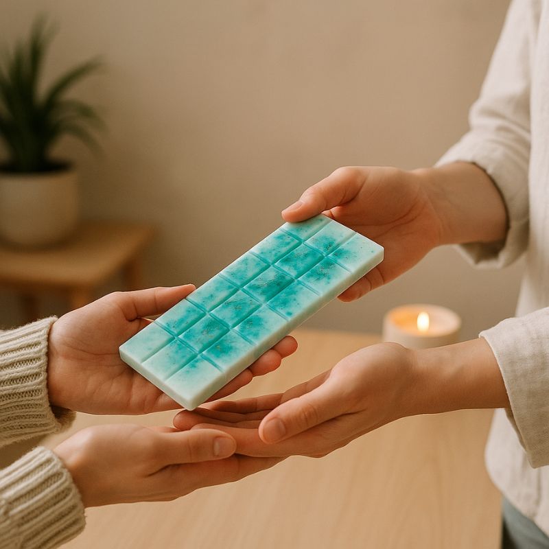 Fondant Parfumé Tablette Chanvre, deux personnes s'offrent la tablette de fondant parfumée. Ambiance chaleureuse.