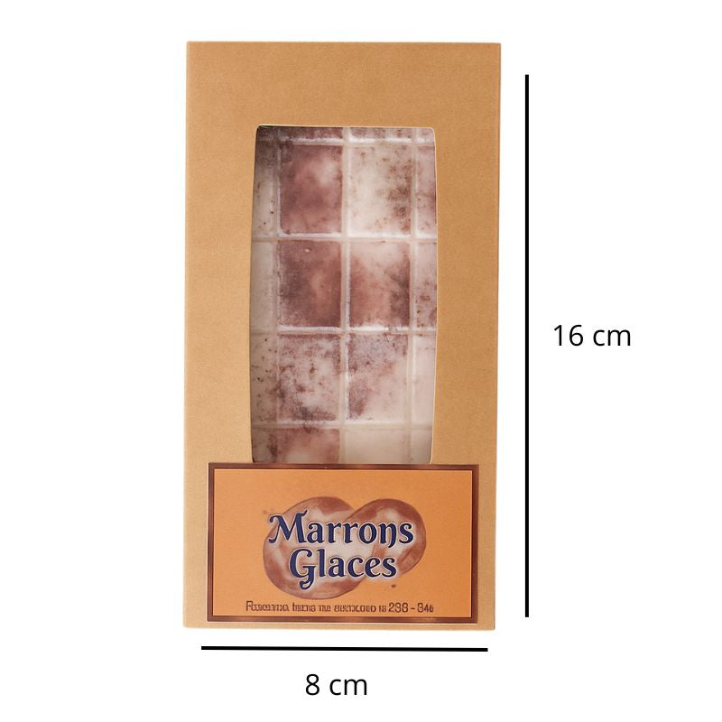 Fondant Parfumé Tablette Marron Glacé, avec ses dimensions et sur fond blanc.