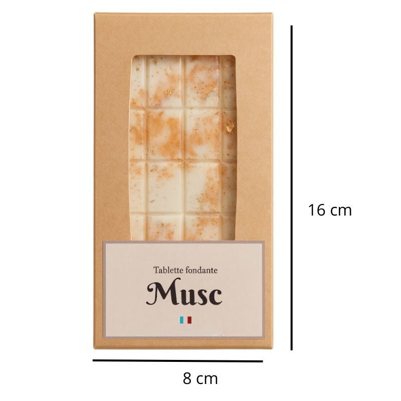 Fondant Parfumé Tablette Musc, avec ses dimensions et sur fond blanc.