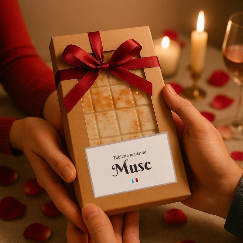 Fondant Parfumé Tablette Musc, deux personnes s'offrent la tablette de fondant parfumé et dans une ambiance romantique.